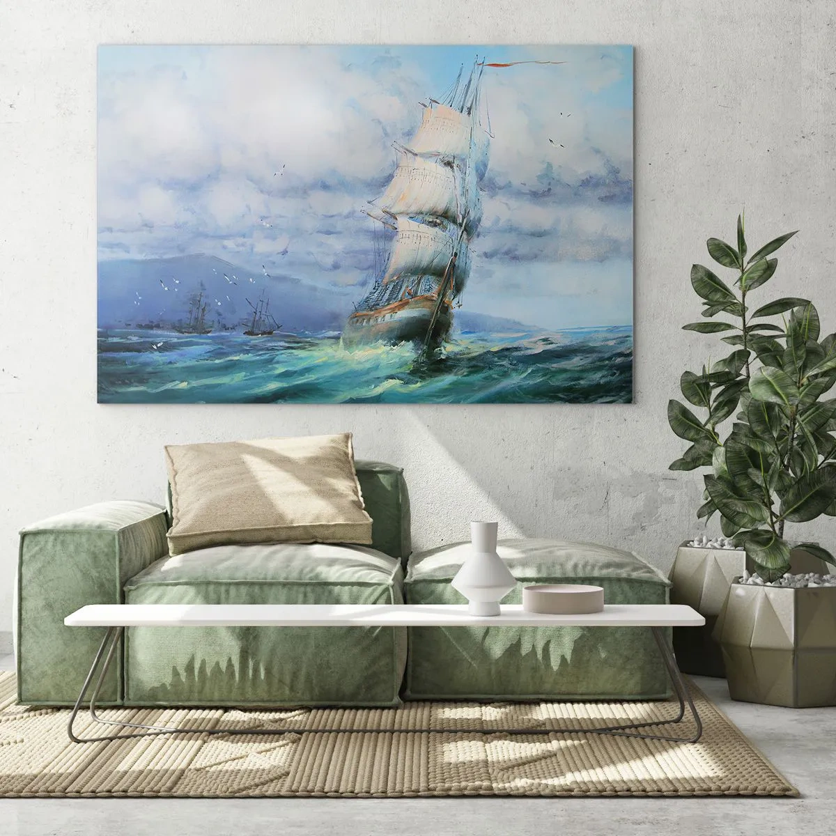 Glass picture - A ship with sails sailing on a stormy sea under a cloudy sky - 70x50cm - Happy Winds - Modern wall decoration for the living room and bedroom ARTTOR