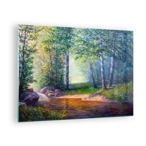 Glass picture - A forest stream surrounded by trees in the sun's rays - 70x50cm - Idyllic Scenery - Modern wall decoration for the living room and bedroom ARTTOR