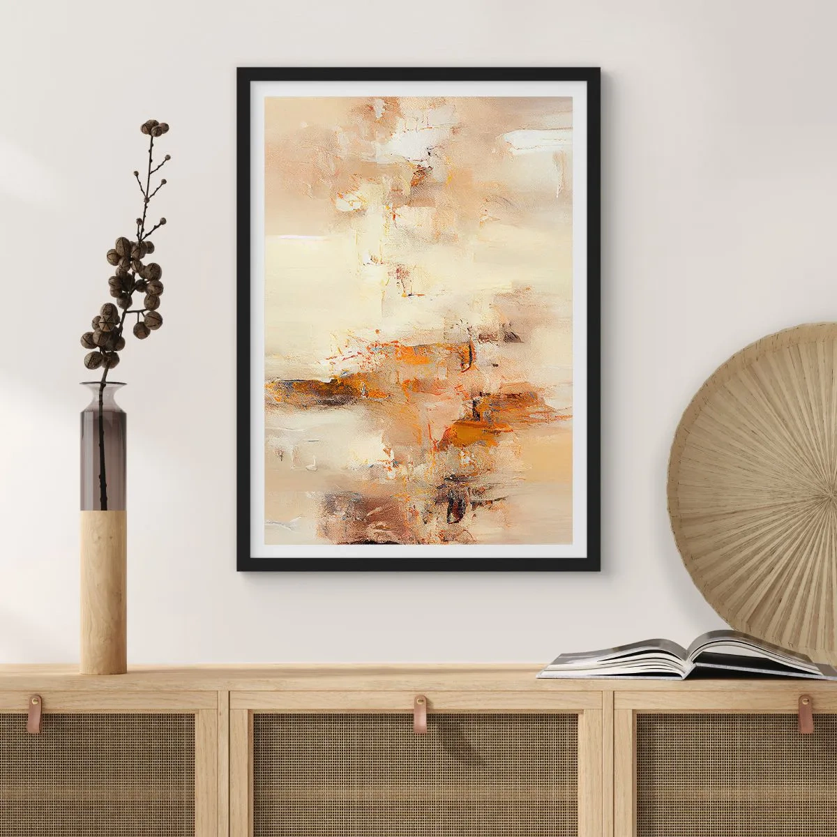 Poster in black frame - An abstract composition in warm shades of beige and gold. - 50x70cm - Soul of Amber - Modern wall decoration for the living room and bedroom ARTTOR