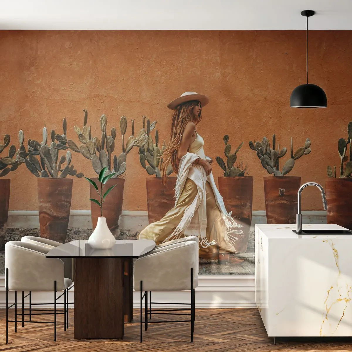 Photo Wallpaper Standard Eco - Hippie Style - Boho, Woman, Cacti - 350x256 cm