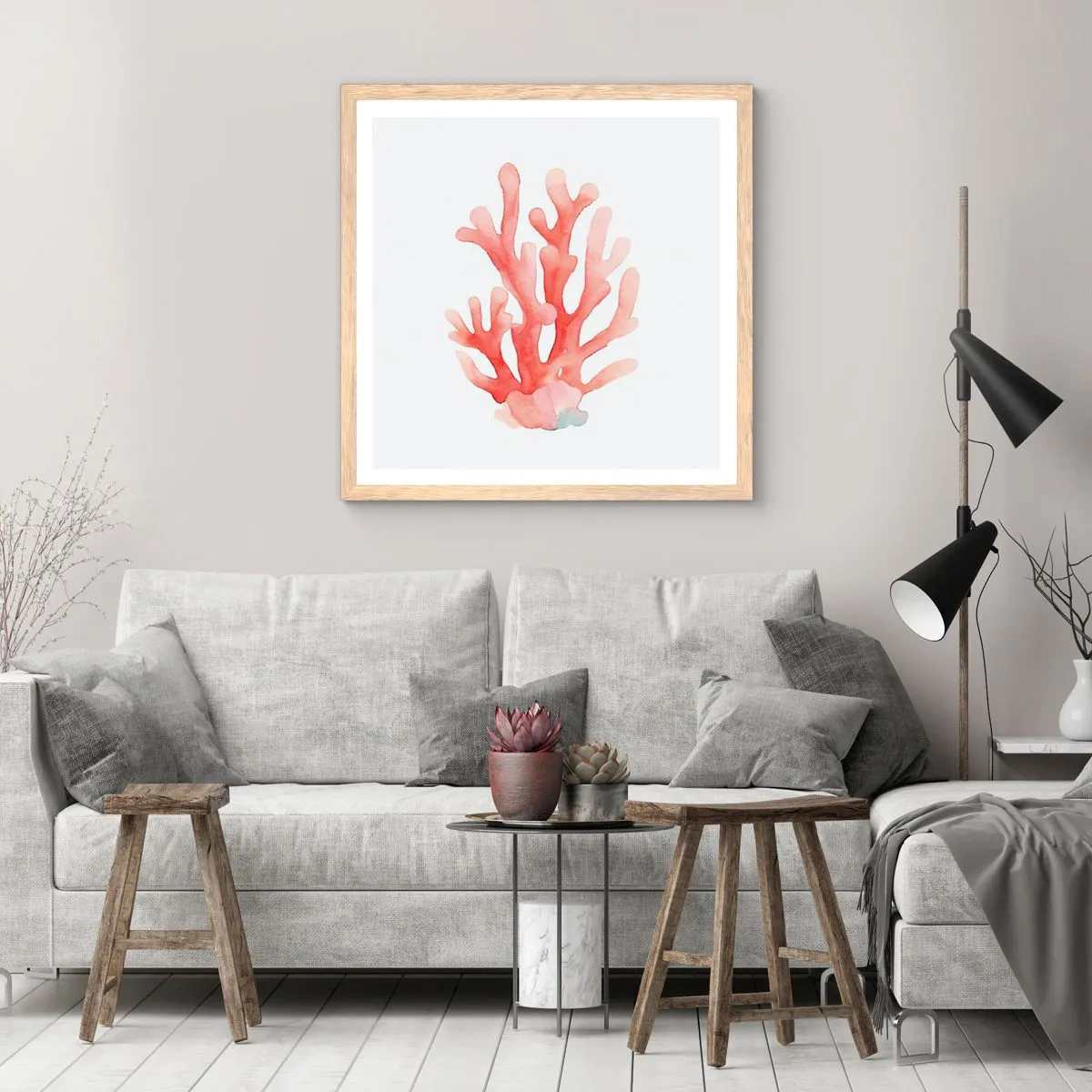 Poster in light oak frame - Coral Colour Colars - 40x40 cm