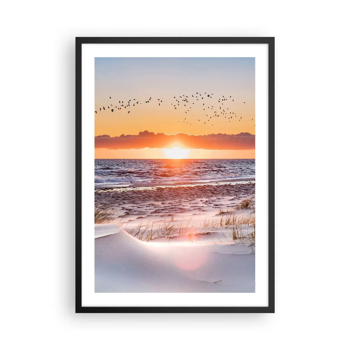 Poster in black frame - Sunset over the sea with birds on the horizon and the beach - 50x70cm - Horizontal Landscape - Modern wall decoration for the living room and bedroom ARTTOR
