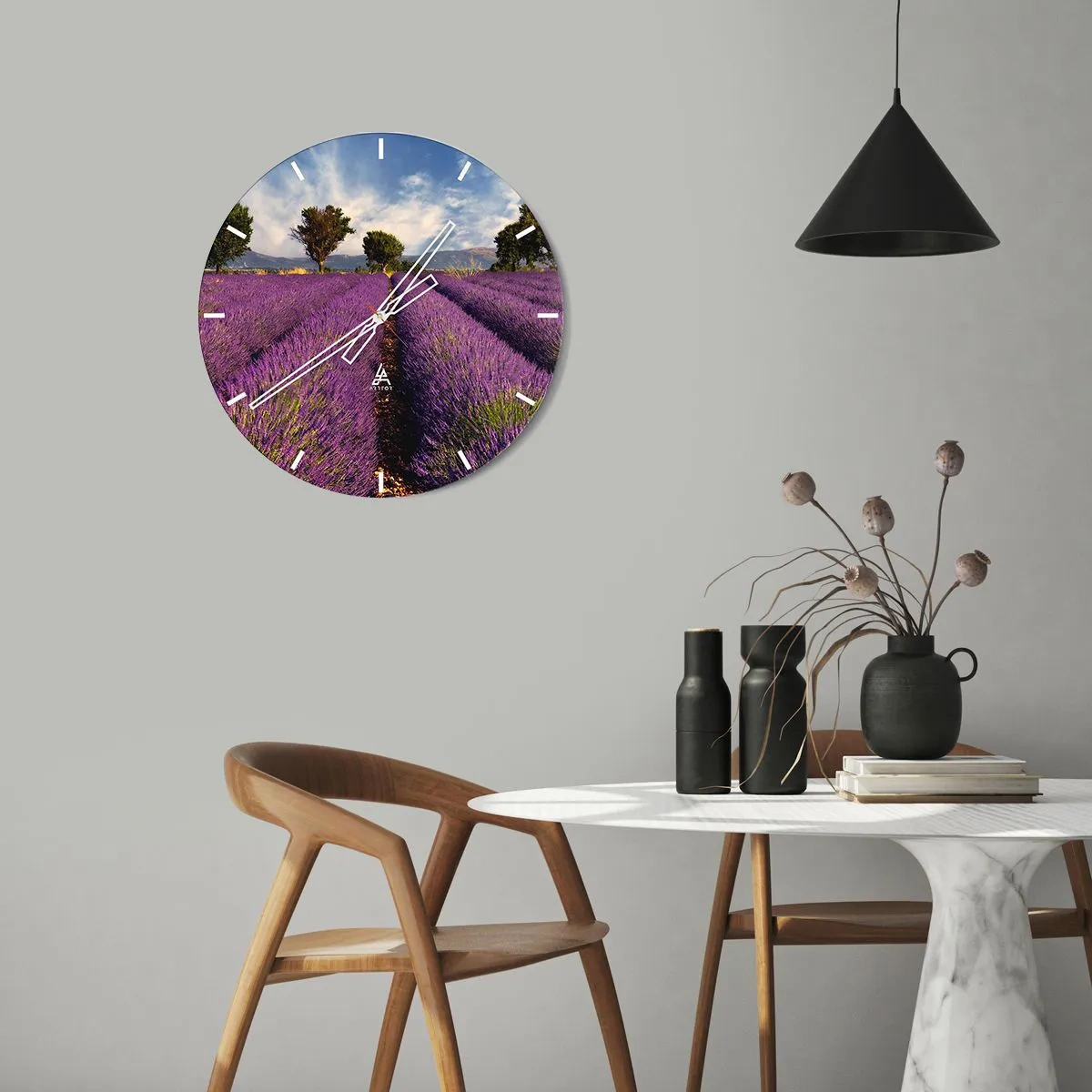 Wall clock - Clock on glass - A lavender field with a view of the mountains - 30x30cm - Lavender Fields - Modern wall decoration for the living room, kitchen, and bedroom ARTTOR