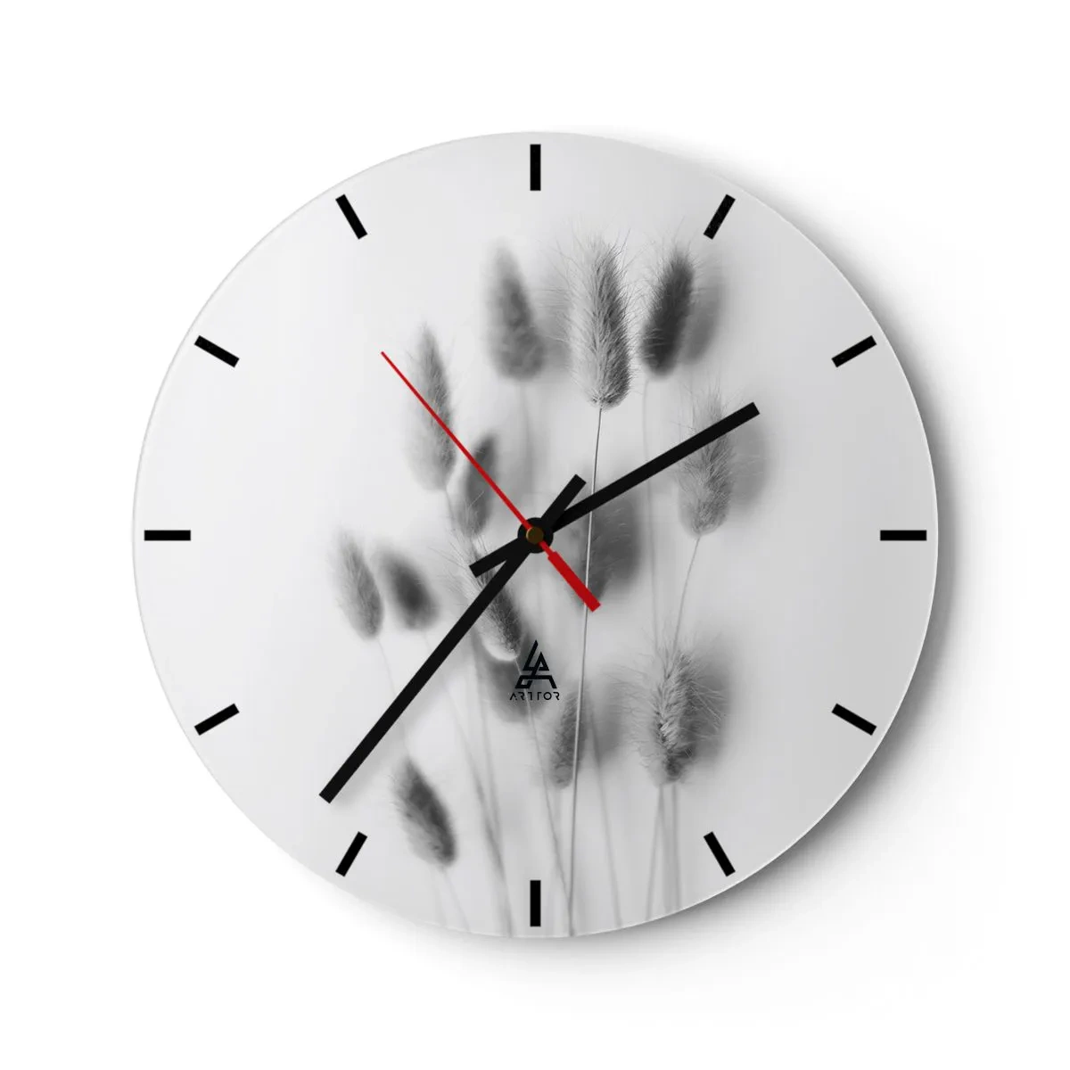 Wall clock - Clock on glass - Black and white composition with grasses on a light background - 30x30cm - Her Softness Grass - Modern wall decoration for the living room, kitchen, and bedroom ARTTOR
