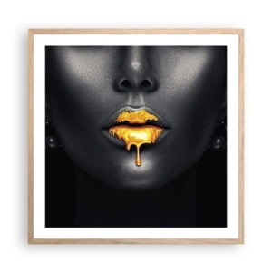 Poster in light oak frame - Golden Lips - 60x60 cm