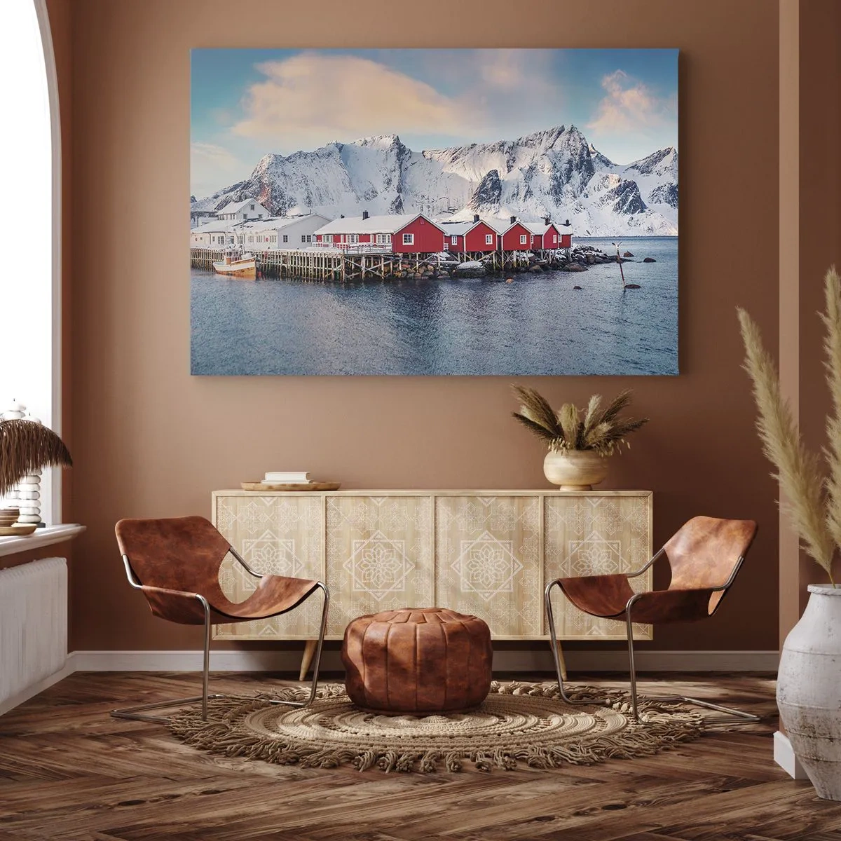 Canvas picture - Red houses against the background of snowy mountains and the blue sea - 70x50cm - Northern Retreat - Modern wall decoration for the living room and bedroom ARTTOR