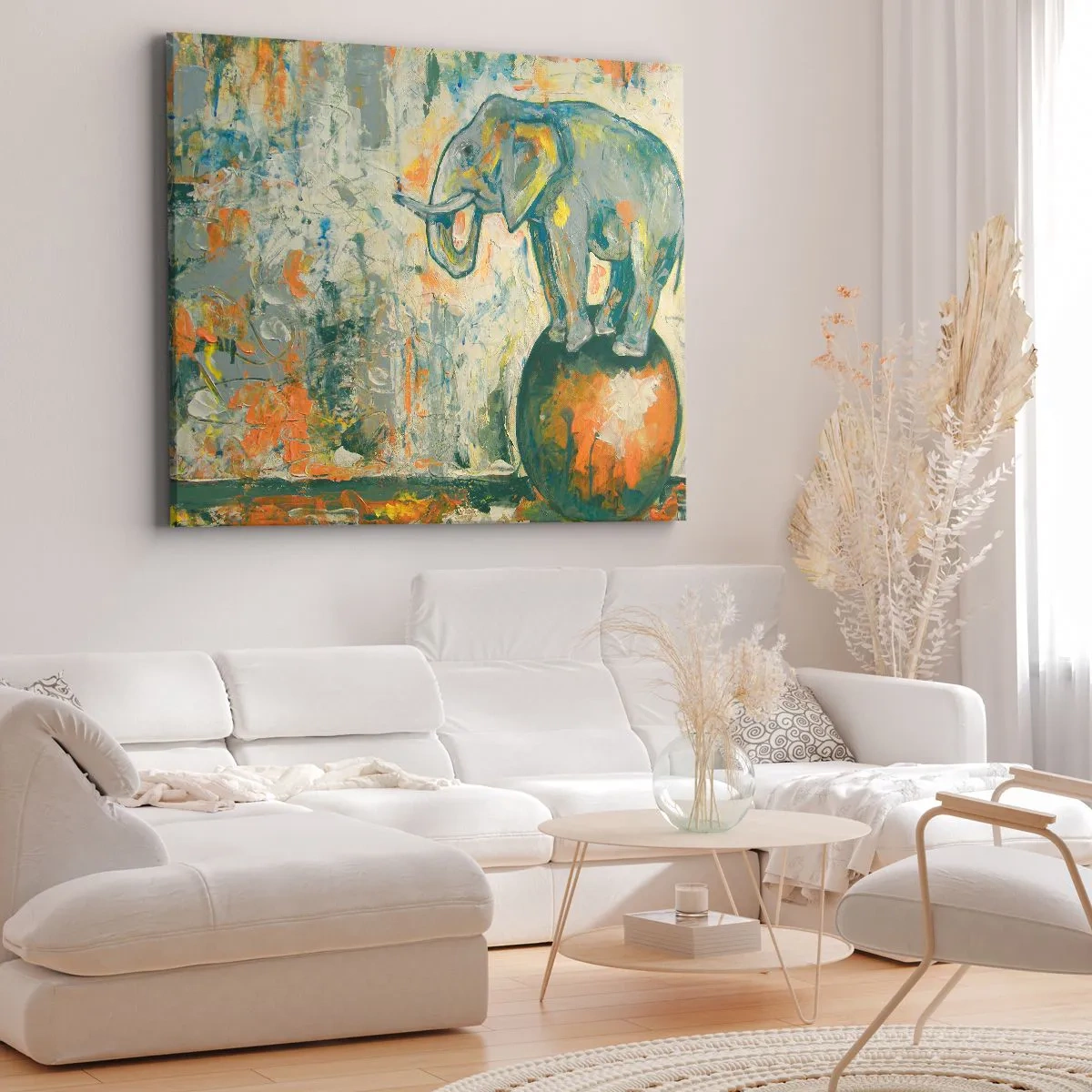 Canvas picture - An elephant balancing on a ball in an artistic style - 70x50cm - Long Live the Circus! - Modern wall decoration for the living room and bedroom ARTTOR