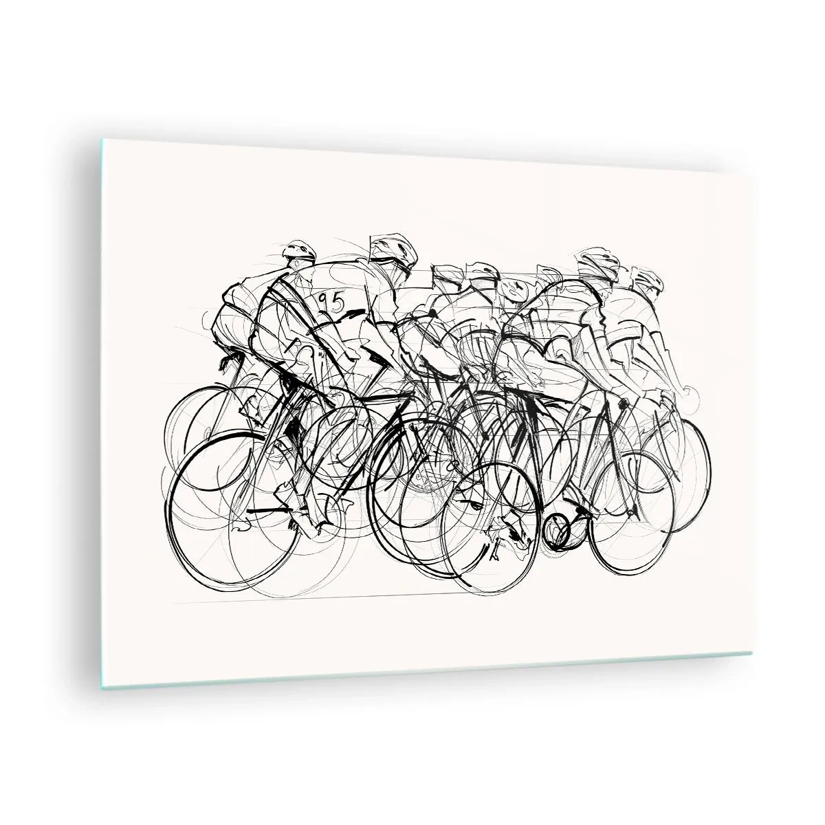 Glass picture - Sketch of a group of cyclists during a race against a white background - 70x50cm - Together as a Team - Modern wall decoration for the living room and bedroom ARTTOR