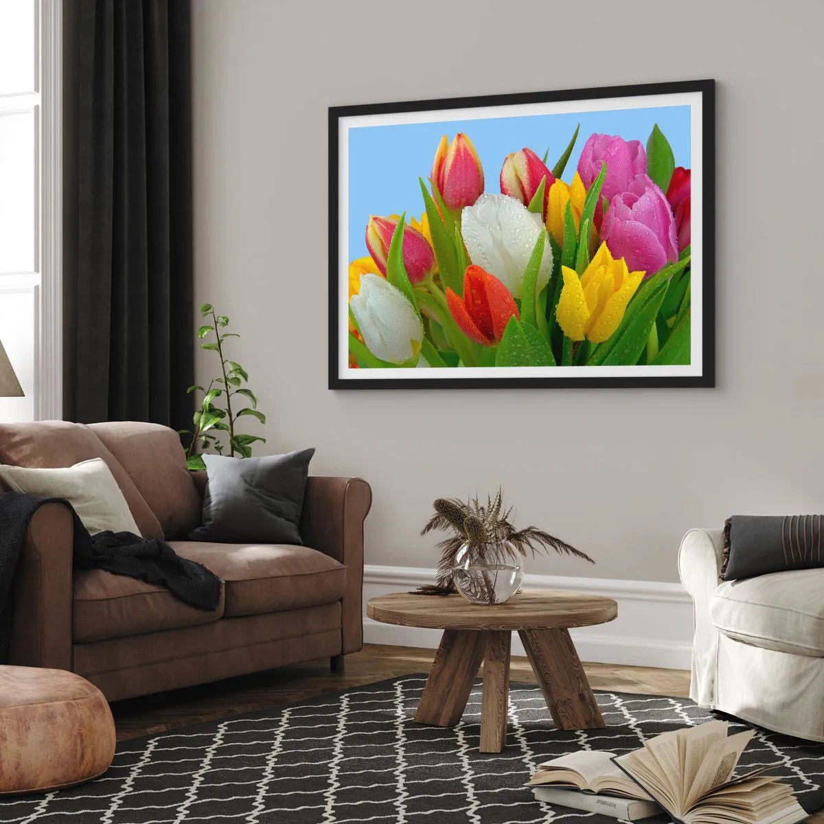 Poster in black frame - Floral Rainbow in Dew Drops - 70x50 cm