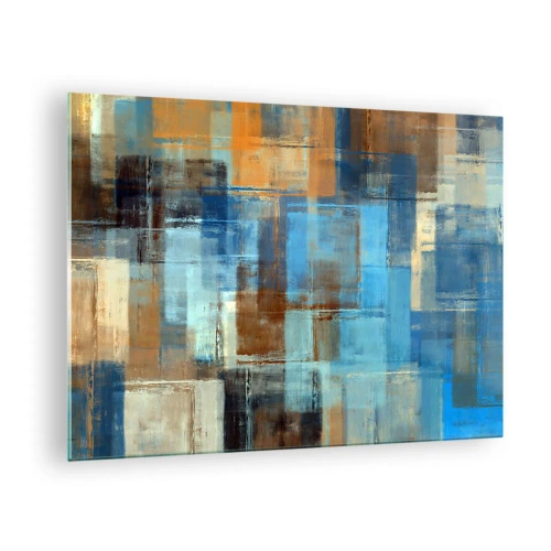 Glass picture - Abstract geometric composition in shades of blue and brown - 70x50cm - Through Blue Curtain - Modern wall decoration for the living room and bedroom ARTTOR