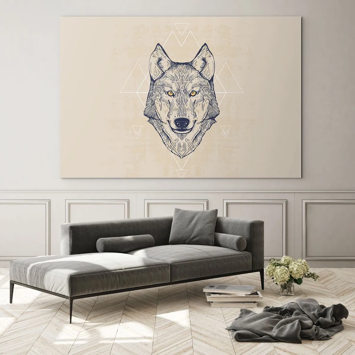 Glass picture - Wolf head against a background of geometric patterns - 70x50cm - Alpha with a Piercing Eyes - Modern wall decoration for the living room and bedroom ARTTOR