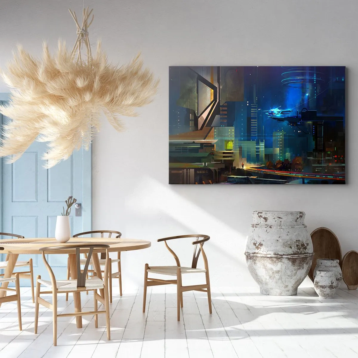 Canvas picture - Futuristic city at night with neon lights and a flying vehicle - 70x50cm - In Near Future - Modern wall decoration for the living room and bedroom ARTTOR