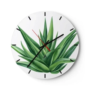 Wall clock - Clock on glass - Green agave on a white background in a botanical style - 30x30cm - Green - Power - Life - Modern wall decoration for the living room, kitchen, and bedroom ARTTOR