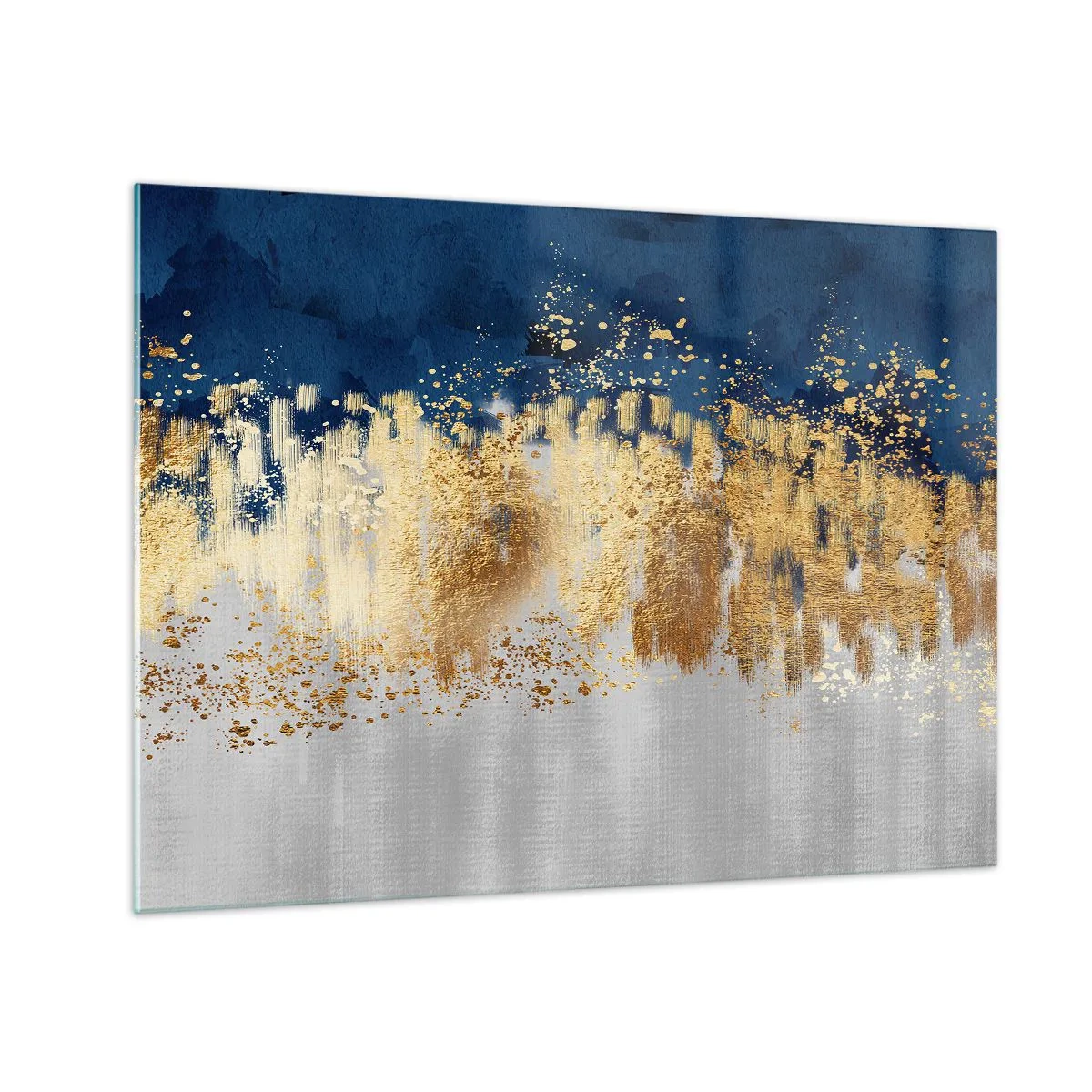 Glass picture - Gold accents on a navy blue and silver background - 70x50cm - Modern Composition and Twinkle - Modern wall decoration for the living room and bedroom ARTTOR