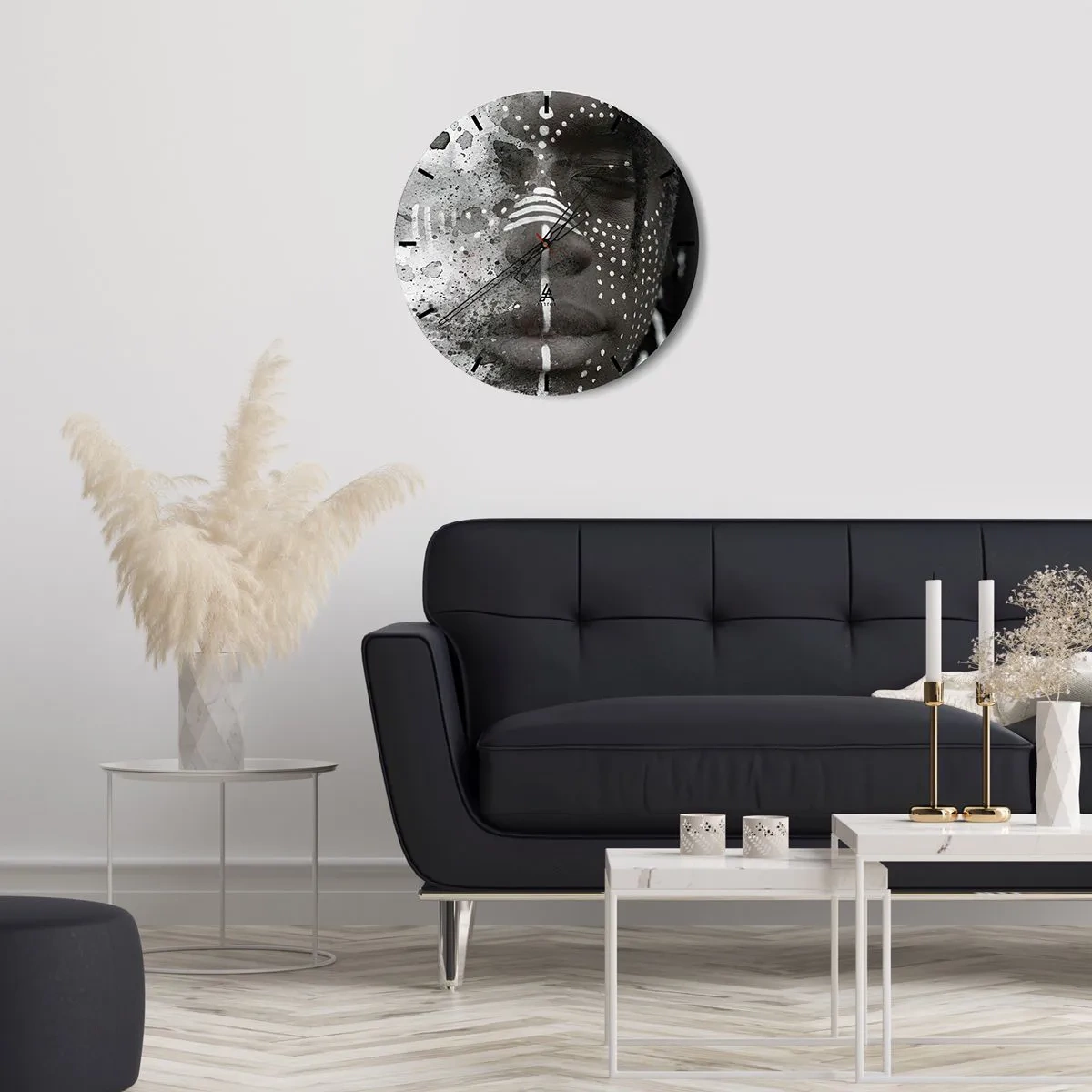 Wall clock - Clock on glass - Portrait of a person with symbolic face painting in shades of gray. - 30x30cm - Dsicover Primordial Spirit - Modern wall decoration for the living room, kitchen, and bedroom ARTTOR