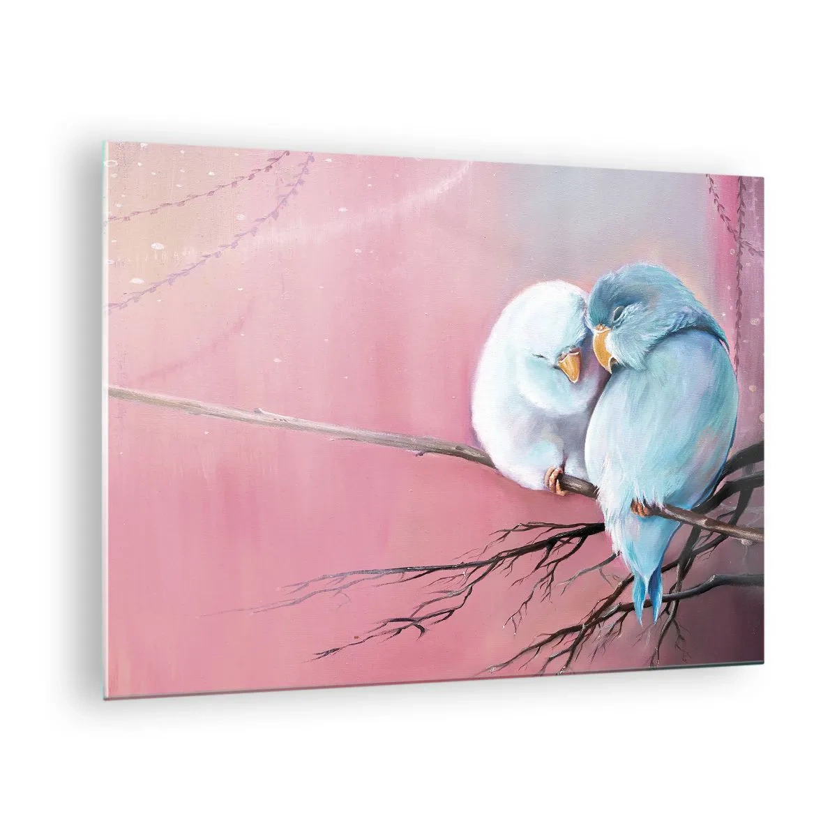 Glass picture - Two lovebirds sitting on a branch against a pink background - 70x50cm - What Can We Add? - Modern wall decoration for the living room and bedroom ARTTOR