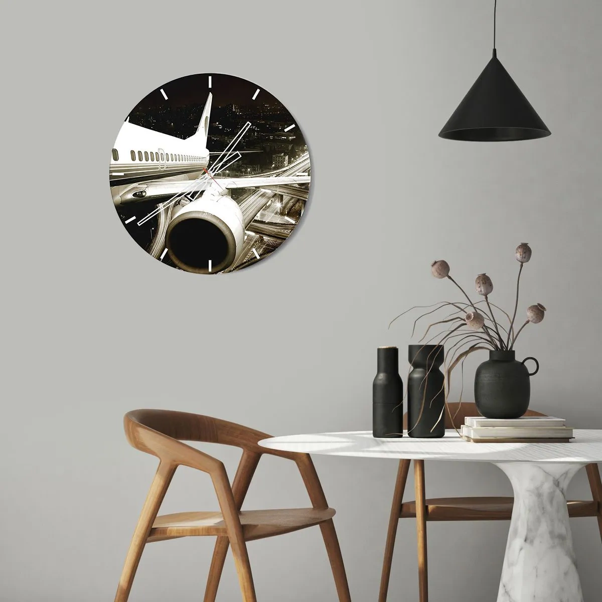 Wall clock - Clock on glass - An airplane against the backdrop of a night city - 30x30cm - Flying into the Night - Modern wall decoration for the living room, kitchen, and bedroom ARTTOR