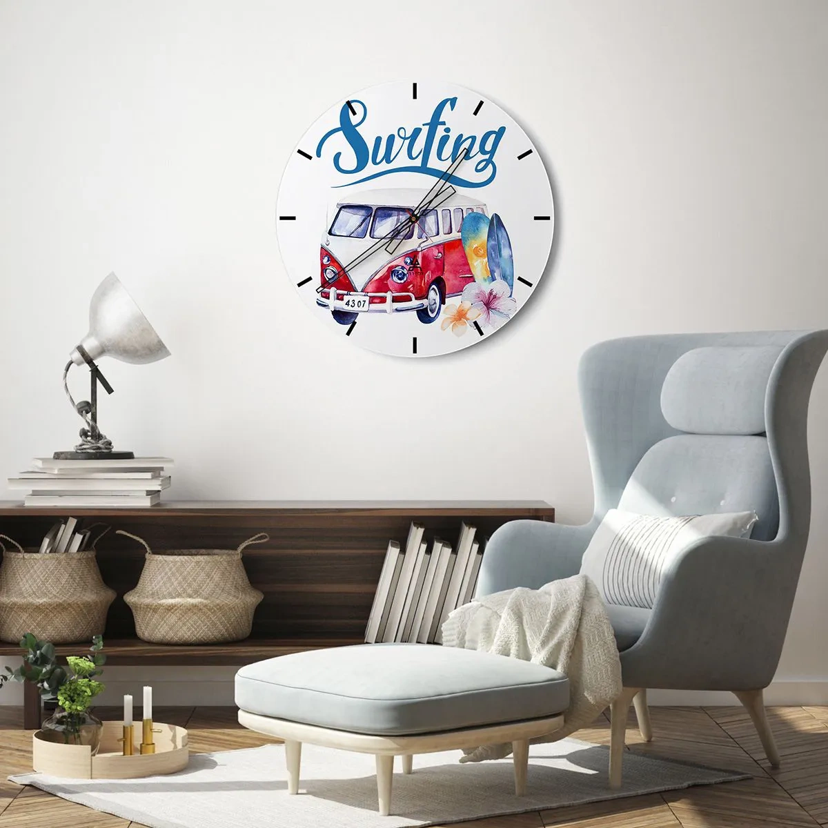 Wall clock - Clock on glass - Surf bus motif with boards and flowers on a white background - 30x30cm - Surfer's Van - Modern wall decoration for the living room, kitchen, and bedroom ARTTOR