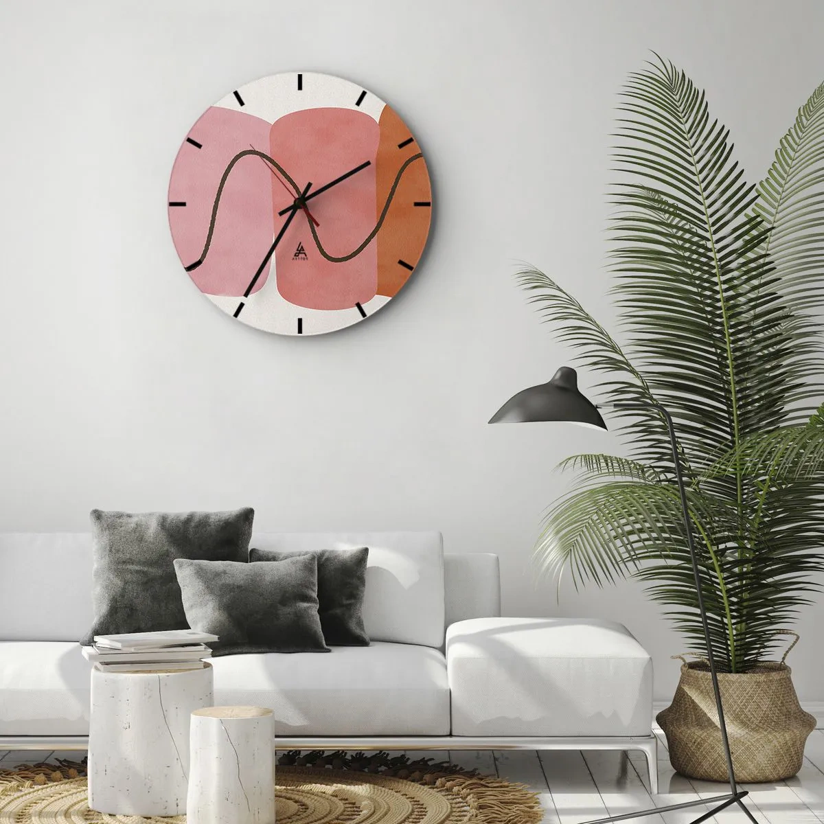 Wall clock - Clock on glass - Abstract forms in shades of pink and orange with wavy lines - 30x30cm - Gentle Movement of forms - Modern wall decoration for the living room, kitchen, and bedroom ARTTOR