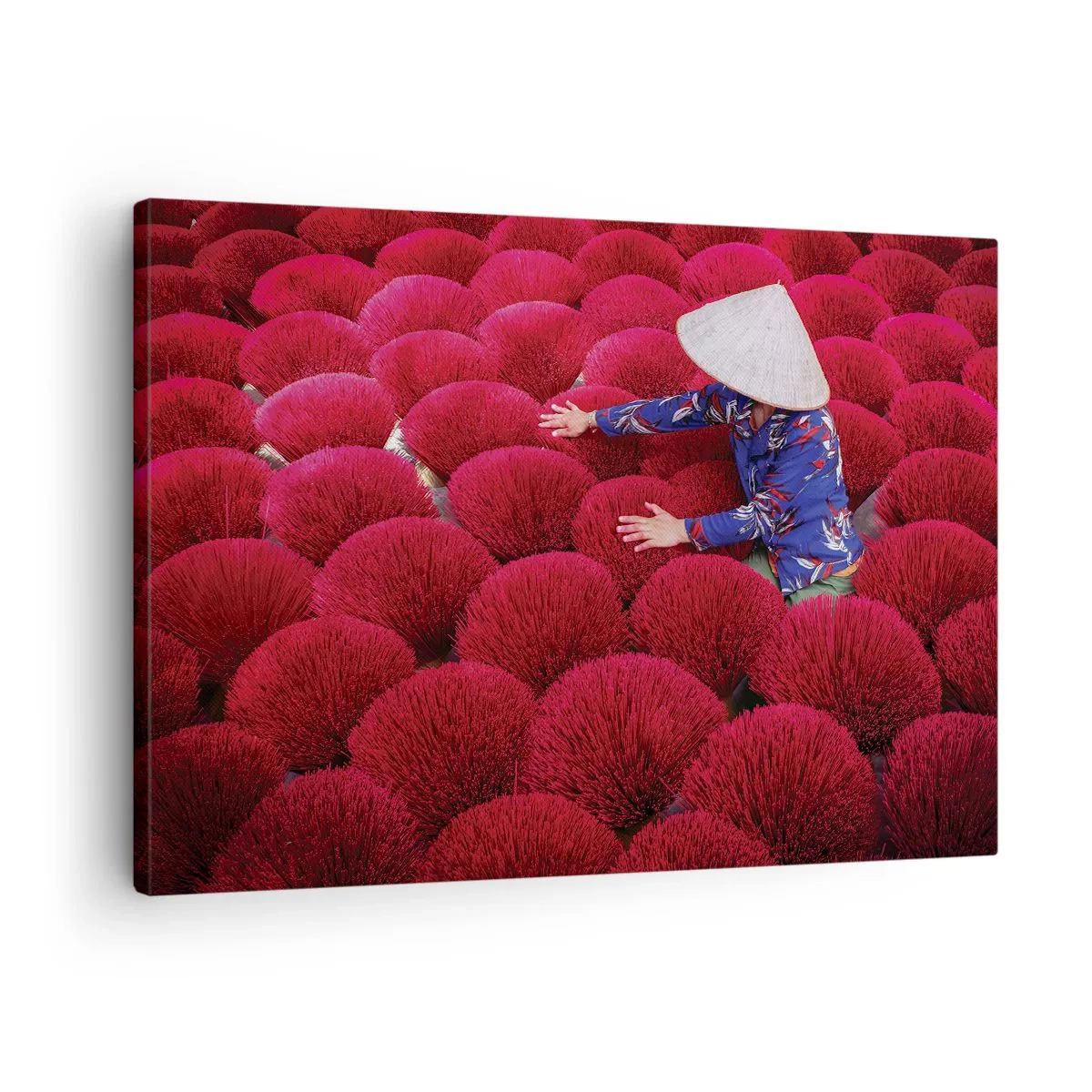 Canvas picture - A woman wearing a traditional hat among red incense sticks - 70x50cm - In the Rice Field  - Modern wall decoration for the living room and bedroom ARTTOR