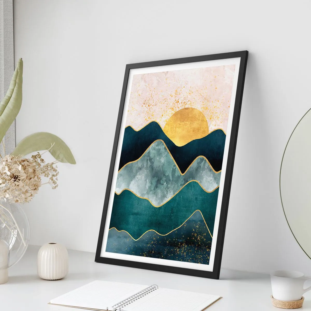 Poster in black frame - Abstract mountains and golden sun in the background - 50x70cm - Behing Seven Mountains - Modern wall decoration for the living room and bedroom ARTTOR
