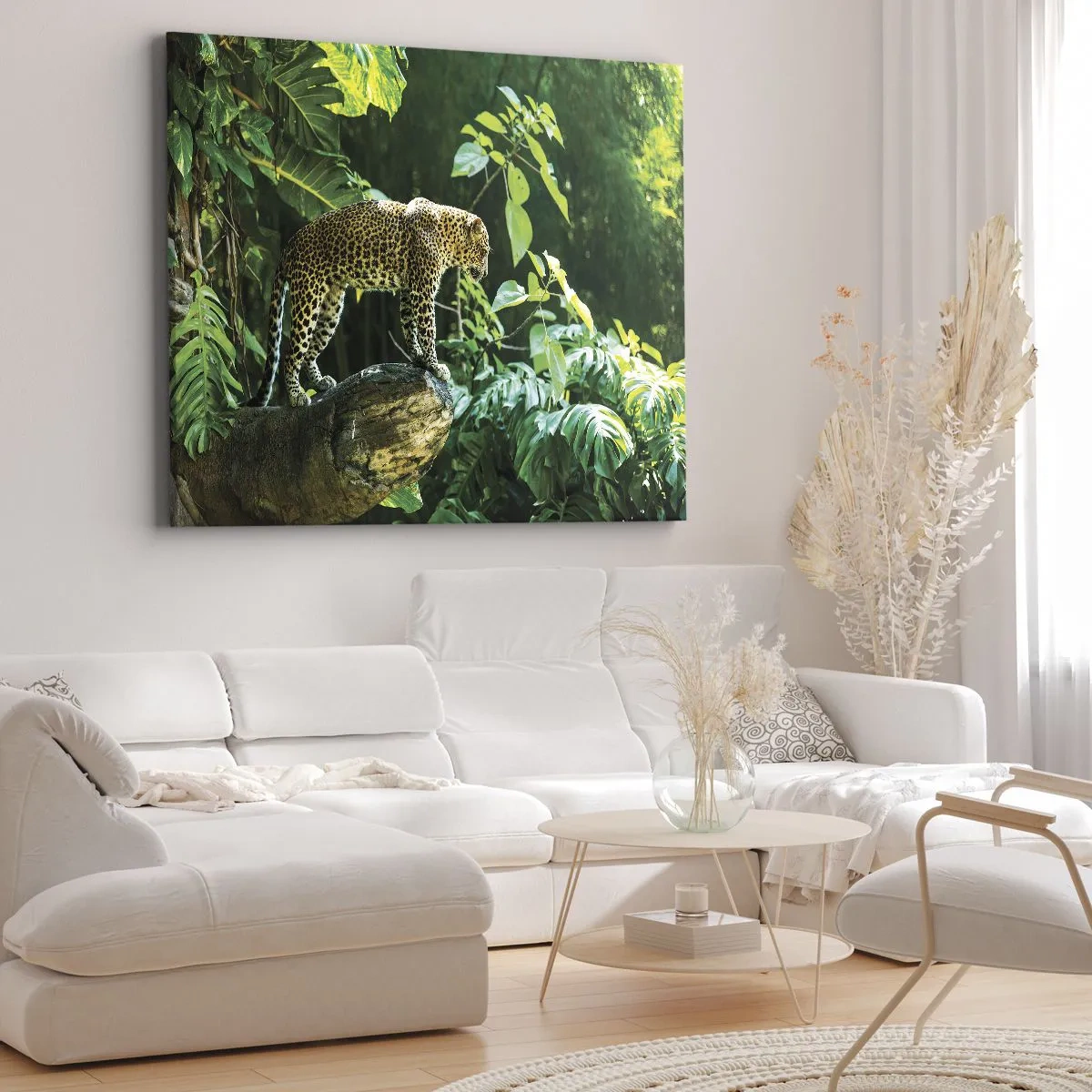 Canvas picture - A leopard standing on a rock surrounded by tropical vegetation - 70x50cm - Going Hunting? - Modern wall decoration for the living room and bedroom ARTTOR