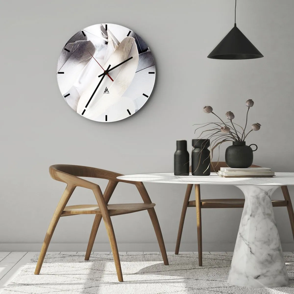 Wall clock - Clock on glass - Delicate, bright feathers in an artistic composition - 30x30cm - Almost Angelic - Modern wall decoration for the living room, kitchen, and bedroom ARTTOR
