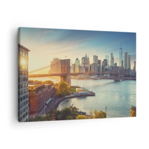 Canvas picture - Panorama of the city with the bridge at sunset - 70x50cm - Big City Dawn - Modern wall decoration for the living room and bedroom ARTTOR