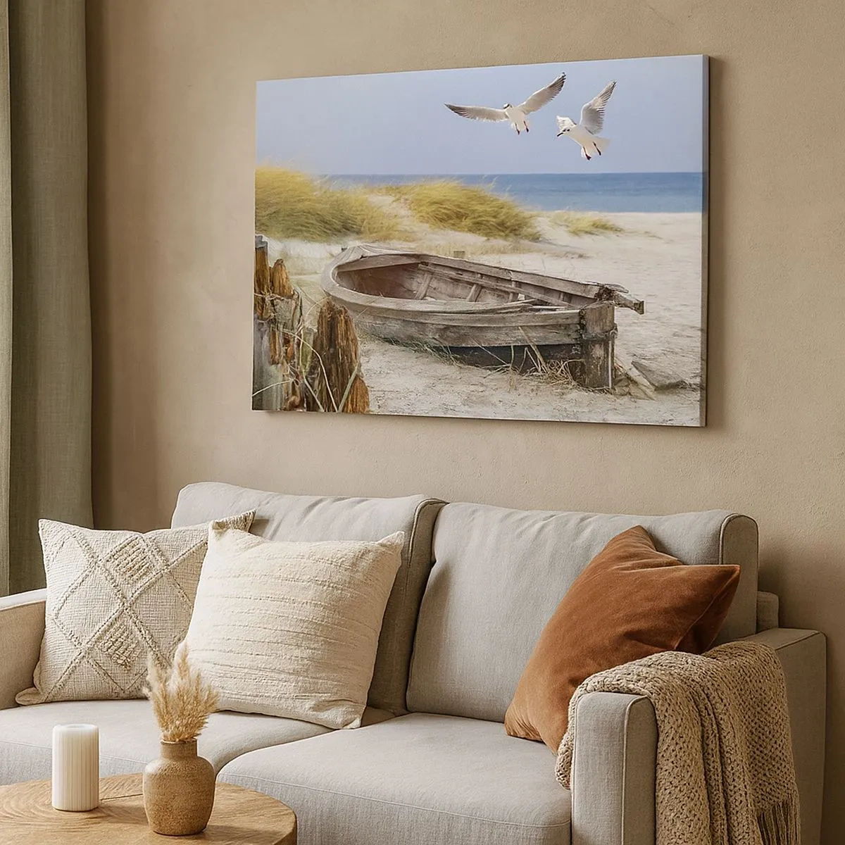 Canvas picture - Abandoned boat on a beach with seagulls - 70x50cm - Bathed in the Sun - Modern wall decoration for the living room and bedroom ARTTOR