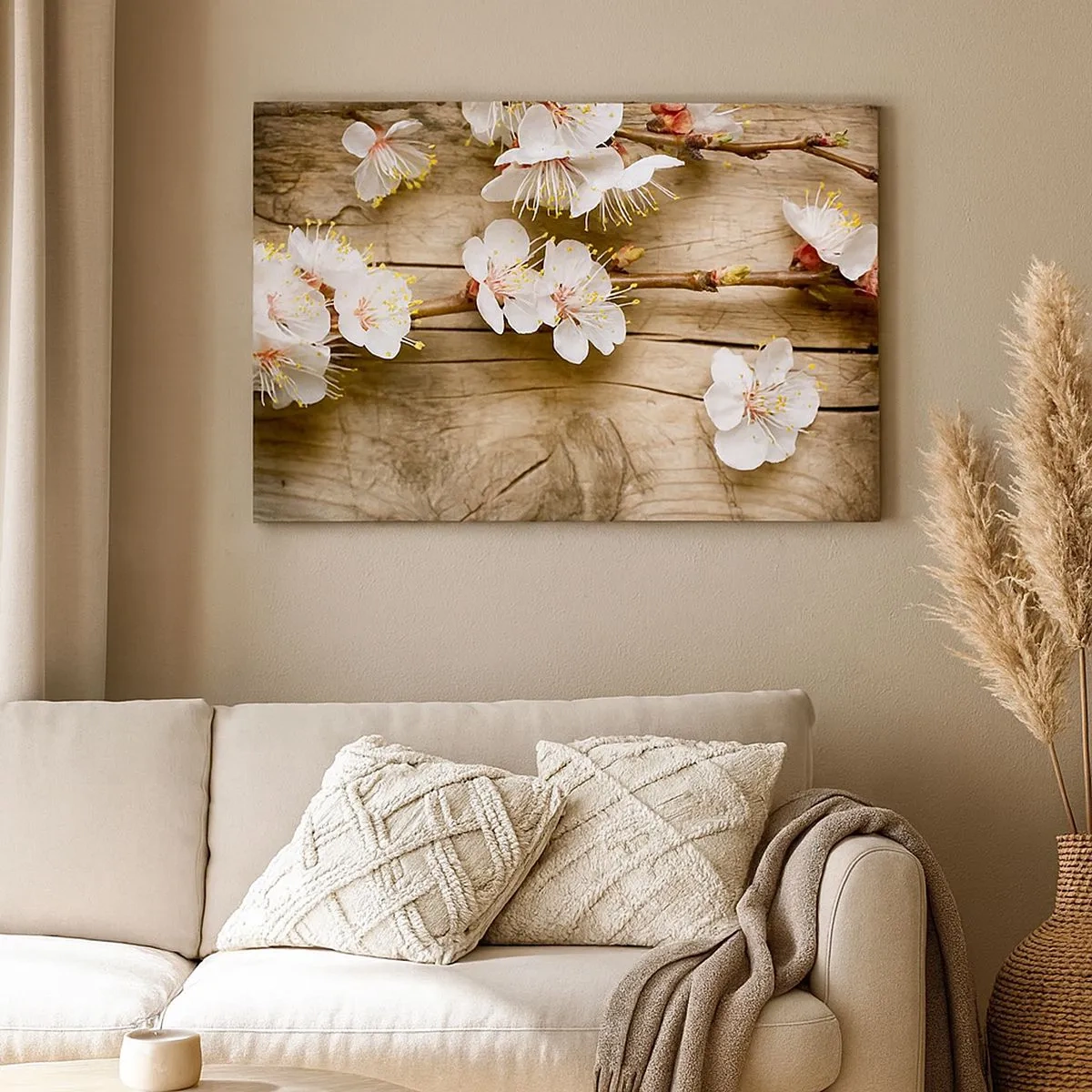 Canvas picture - Branches of blooming cherry trees on a wooden board background - 70x50cm - Spring Has Arrived - Modern wall decoration for the living room and bedroom ARTTOR