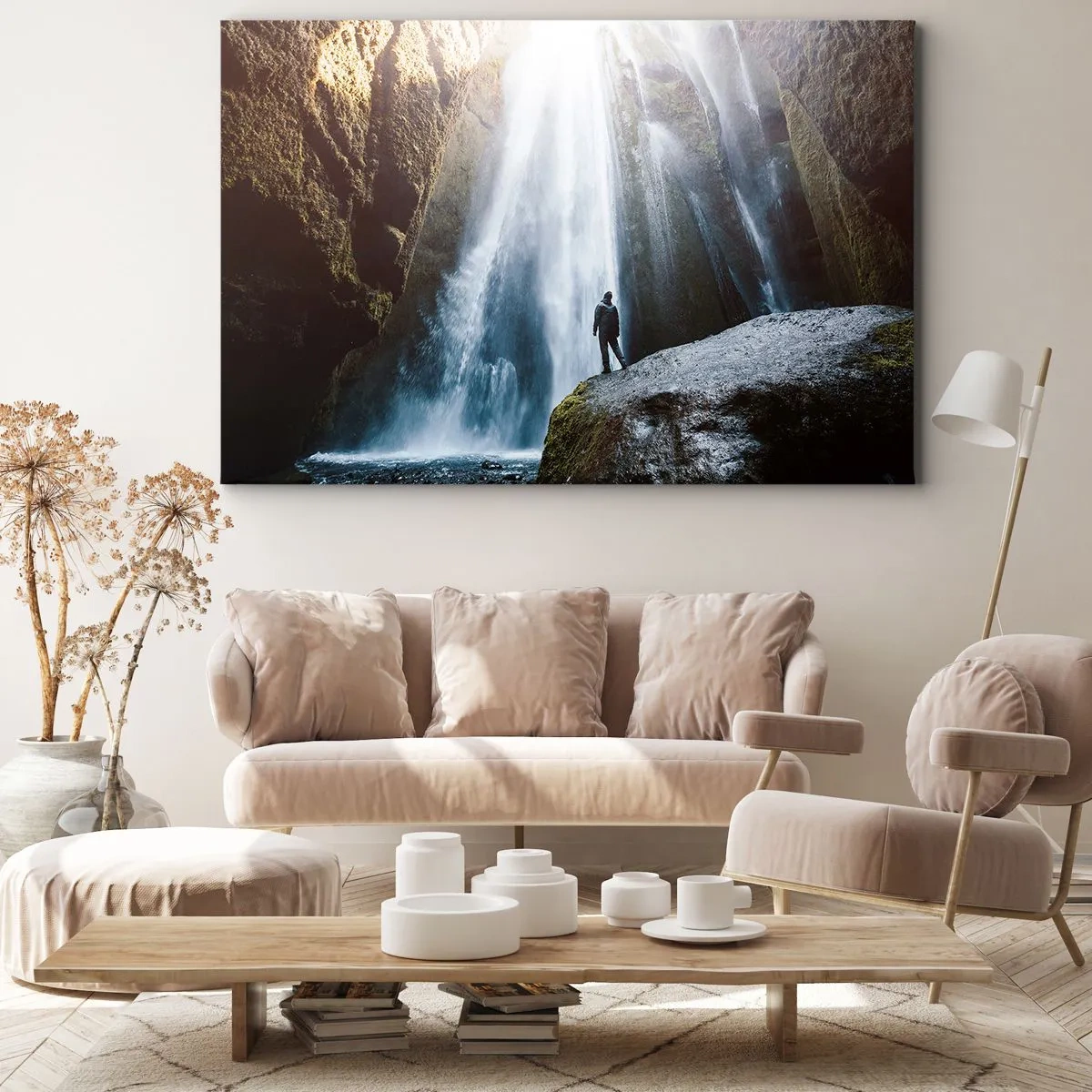 Canvas picture - A figure against the backdrop of a majestic waterfall in a rocky gorge - 70x50cm - Proportions Resumed - Modern wall decoration for the living room and bedroom ARTTOR