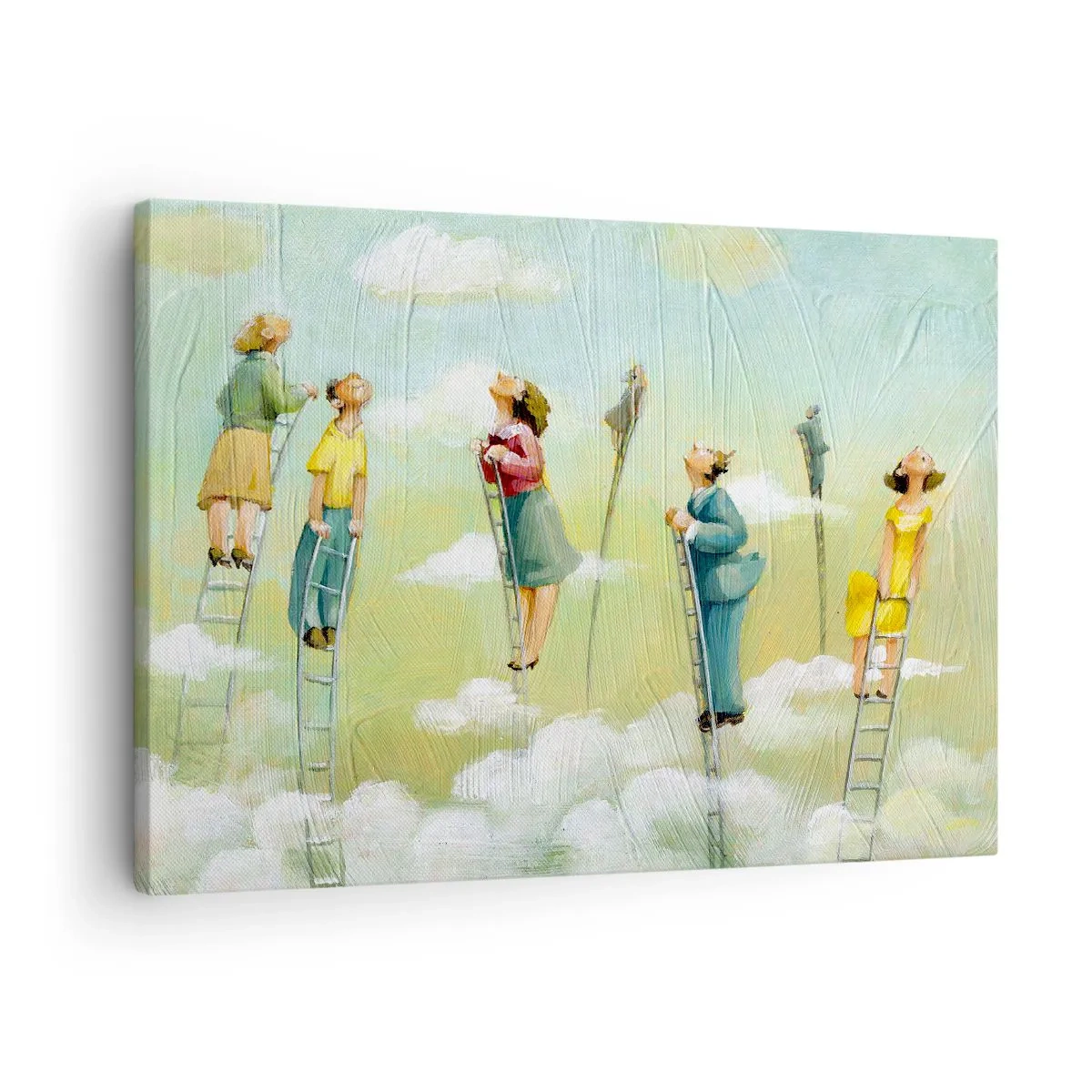 Canvas picture - Figures climbing ladders among clouds on a pastel background. - 70x50cm - Following the Dream - Modern wall decoration for the living room and bedroom ARTTOR