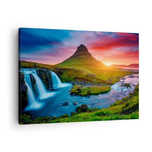 Canvas picture - Picturesque waterfall and mountain at sunset - 70x50cm - Iceland - Fire and Water - Modern wall decoration for the living room and bedroom ARTTOR