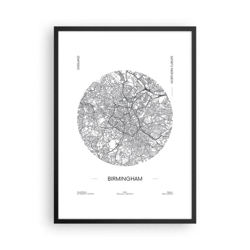 Poster in black frame - A minimalist black and white map of Birmingham - 50x70cm - Anatomy of Birmingham - Modern wall decoration for the living room and bedroom ARTTOR