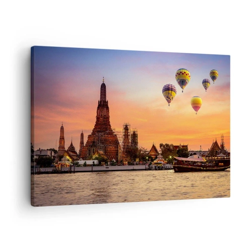 Canvas picture - A temple and balloons against the backdrop of the setting sun over the river - 70x50cm - Here Is Where Fairtales Are Born - Modern wall decoration for the living room and bedroom ARTTOR