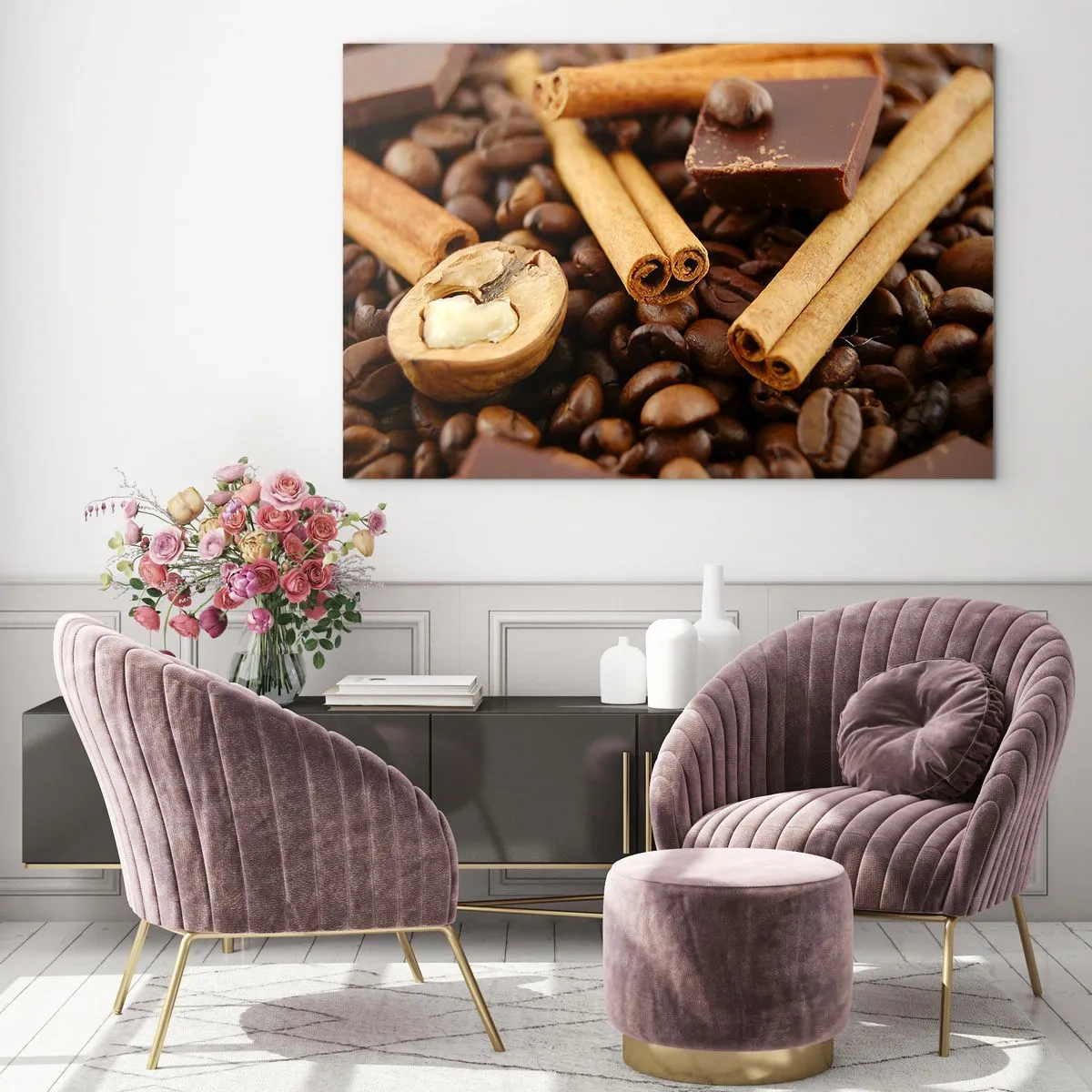 Glass picture - Coffee, cinnamon, chocolate and walnut close-up - 70x50cm - Concert of Aromas - Modern wall decoration for the living room and bedroom ARTTOR