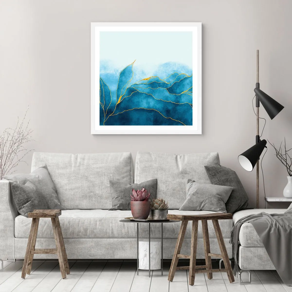 Poster in white frmae - Blue In Gold - 30x30 cm