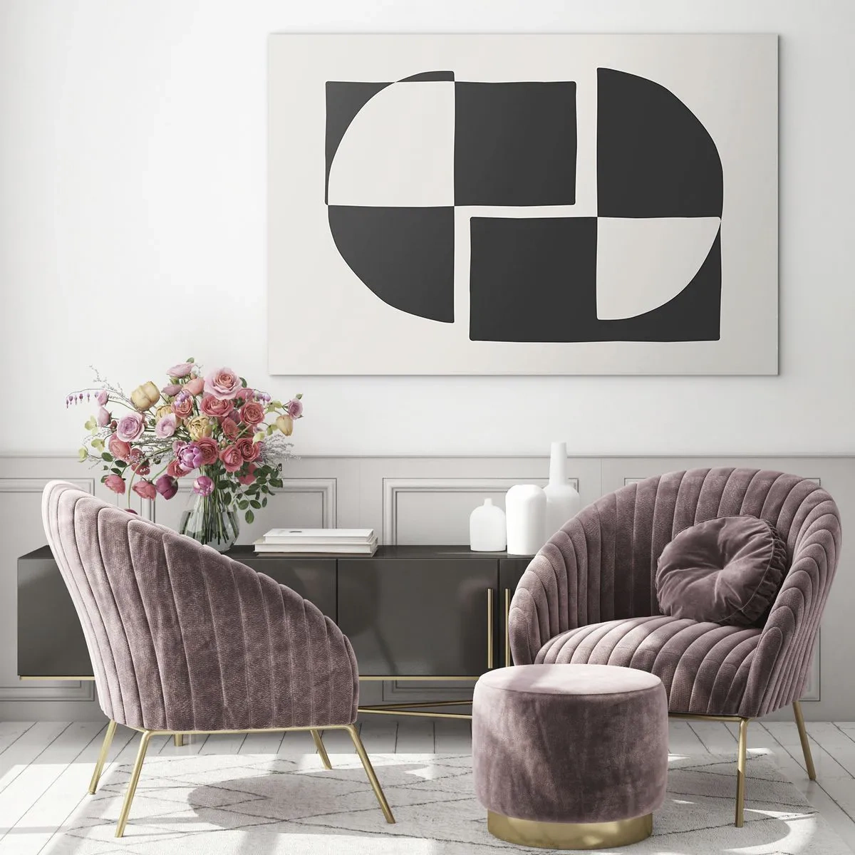 Glass picture - Geometric composition of black and white shapes - 70x50cm - Antithesis-Synthesis - Modern wall decoration for the living room and bedroom ARTTOR