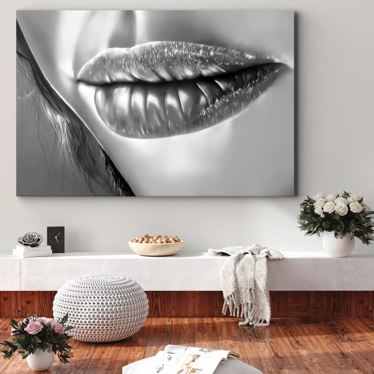 Canvas picture - Black and white close-up of a woman's lips with a glossy effect and details. - 70x50cm - I Know What You Are Thinking - Modern wall decoration for the living room and bedroom ARTTOR