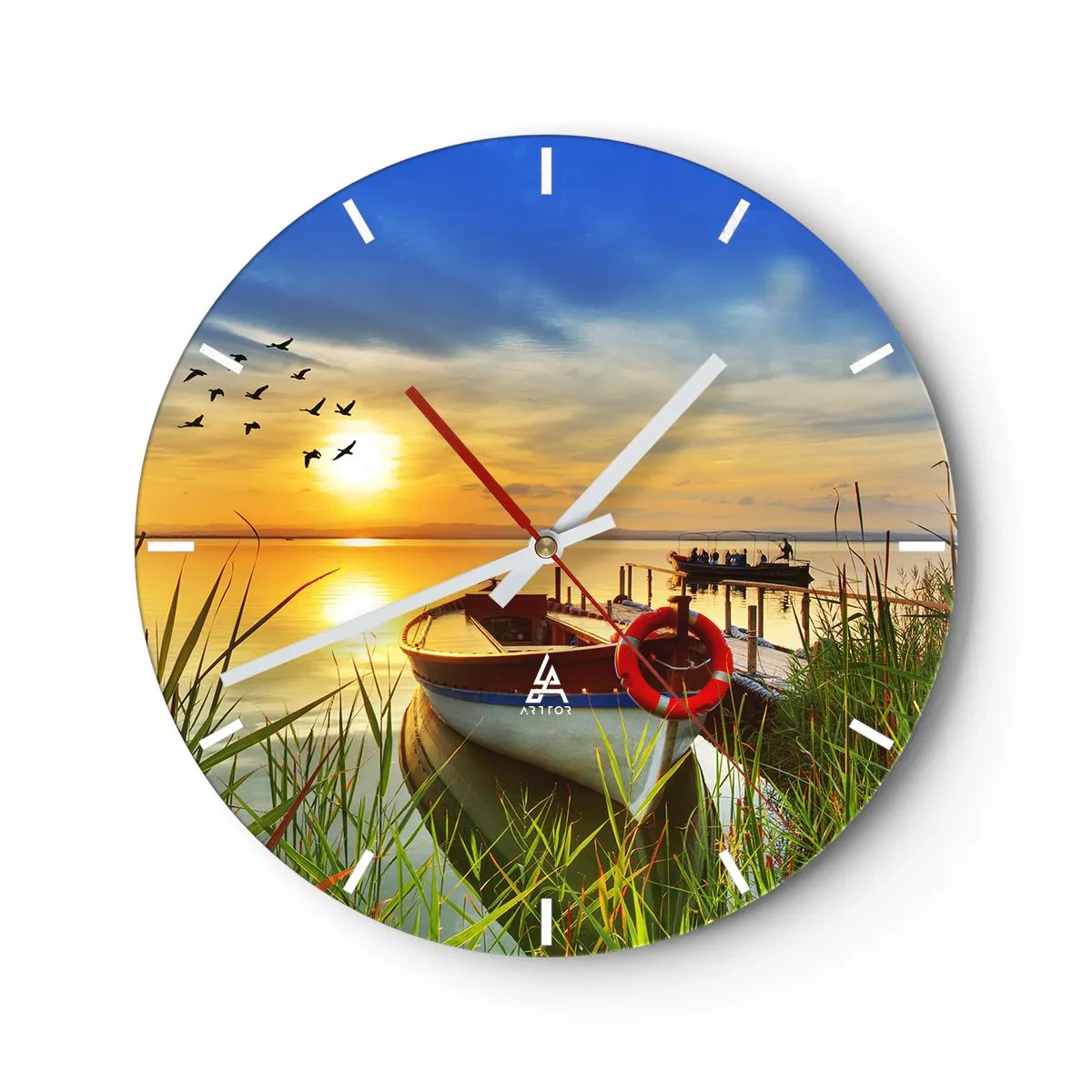 Wall clock - Clock on glass - A boat at the pier at sunset, birds flying away - 30x30cm - Cormorants Are Flying Away - Modern wall decoration for the living room, kitchen, and bedroom ARTTOR