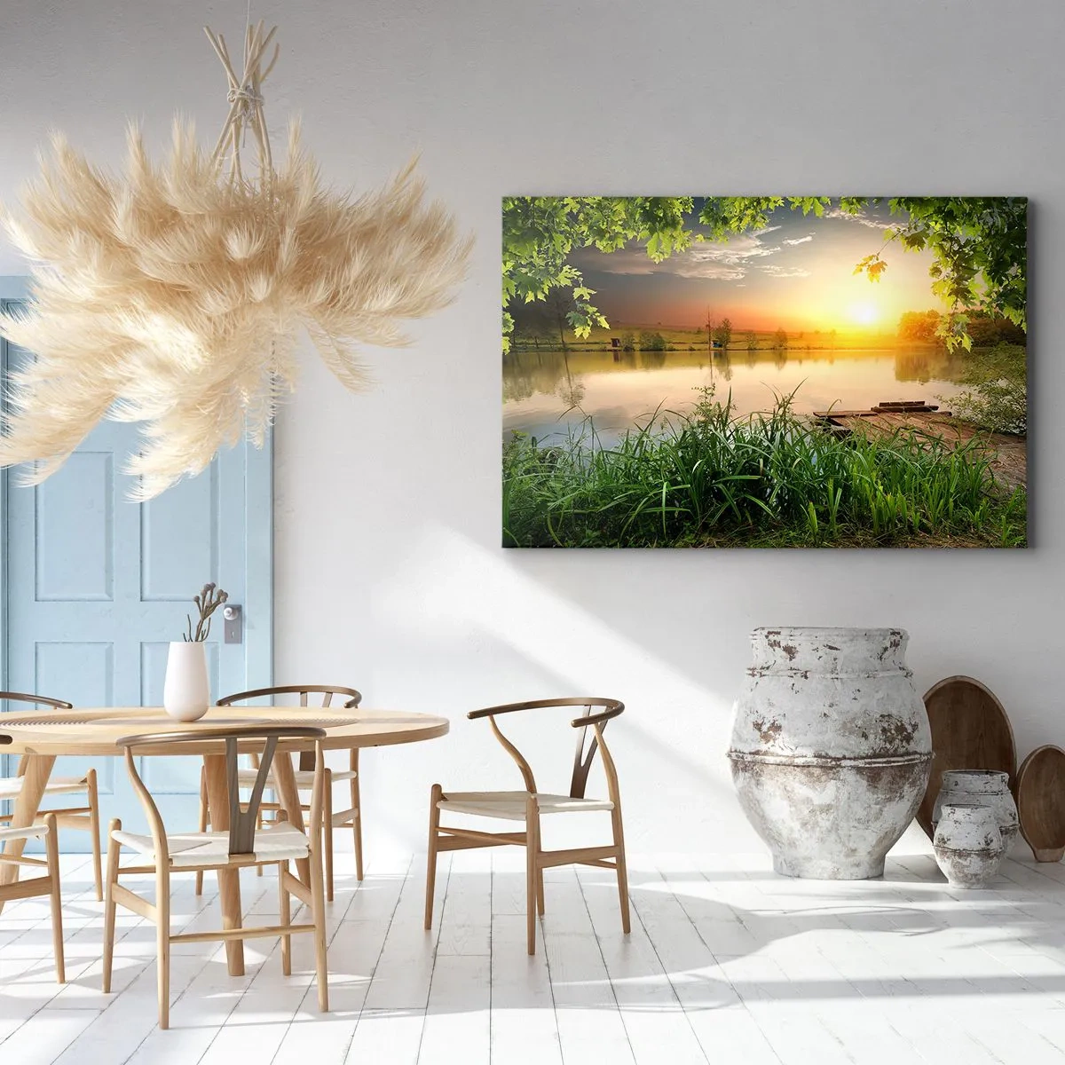 Canvas picture - Green landscape with a lake at sunset - 70x50cm - Landscape in a Green Frame - Modern wall decoration for the living room and bedroom ARTTOR