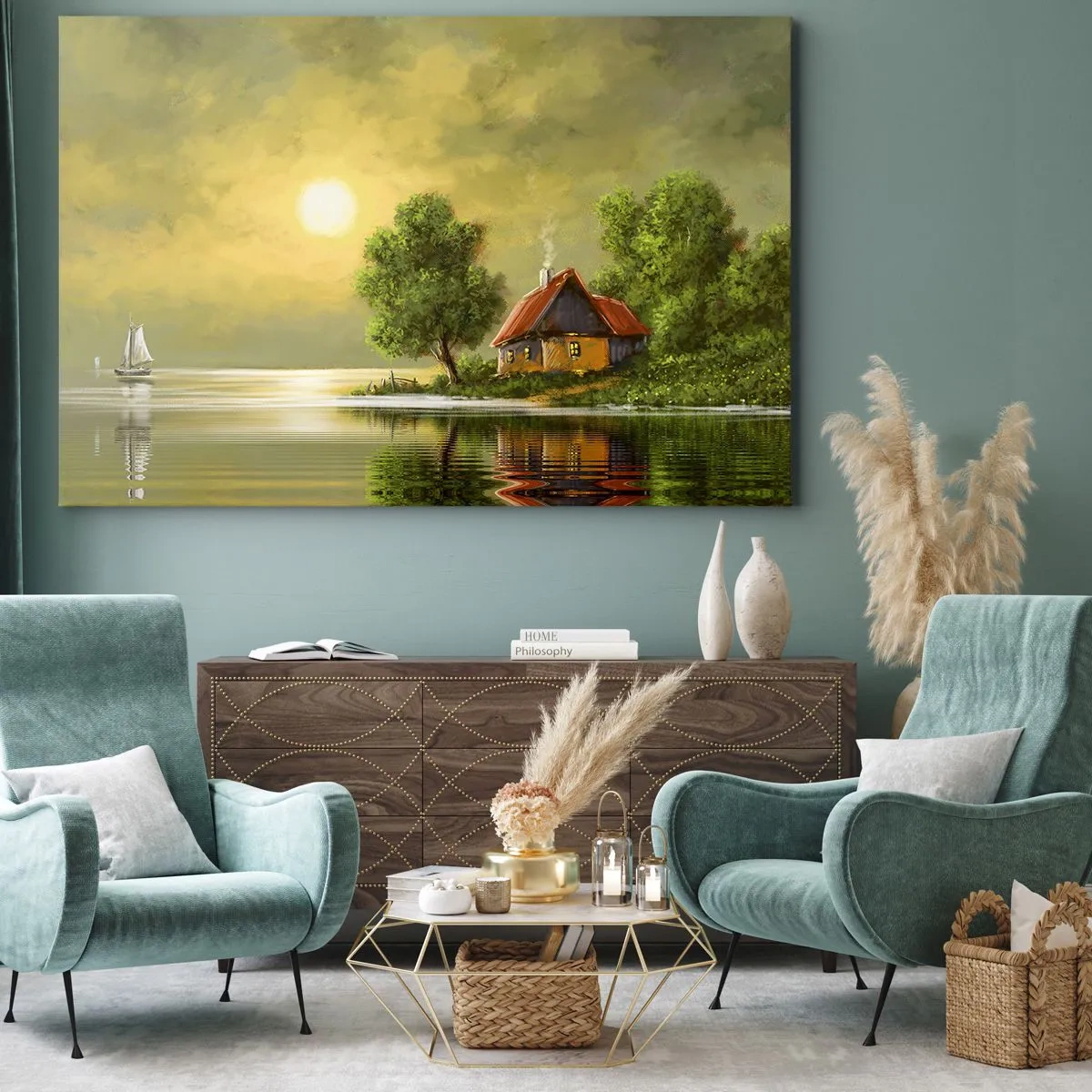 Canvas picture - Lake house in the sunset light - 70x50cm - Pretty As a Picture - Modern wall decoration for the living room and bedroom ARTTOR