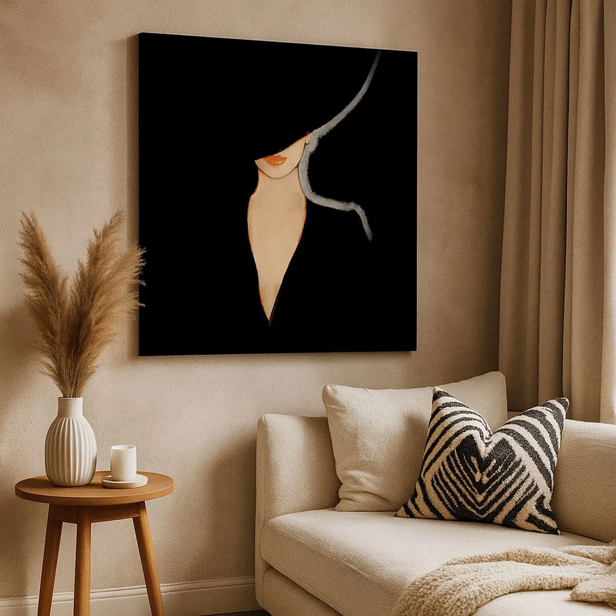 Canvas picture - Silhouette of a woman in a hat on a black background - 70x50cm - Elegance and Style - Modern wall decoration for the living room and bedroom ARTTOR