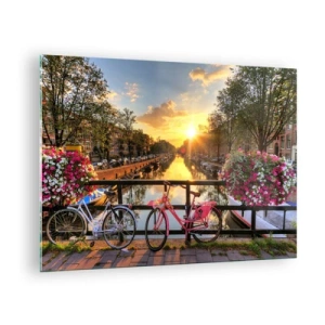 Glass picture - Sunset over the canal with bicycles in the background - 70x50cm - Spring Morning in Amsterdam - Modern wall decoration for the living room and bedroom ARTTOR