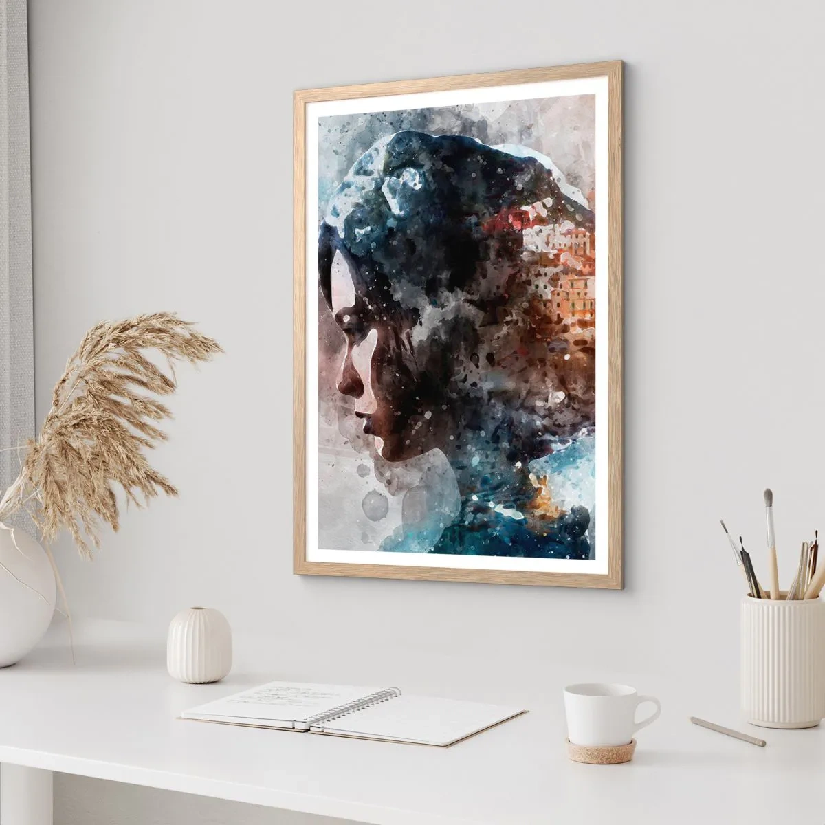 Poster in light oak frame - Tale about a Girl with a City in the Background - 40x50 cm