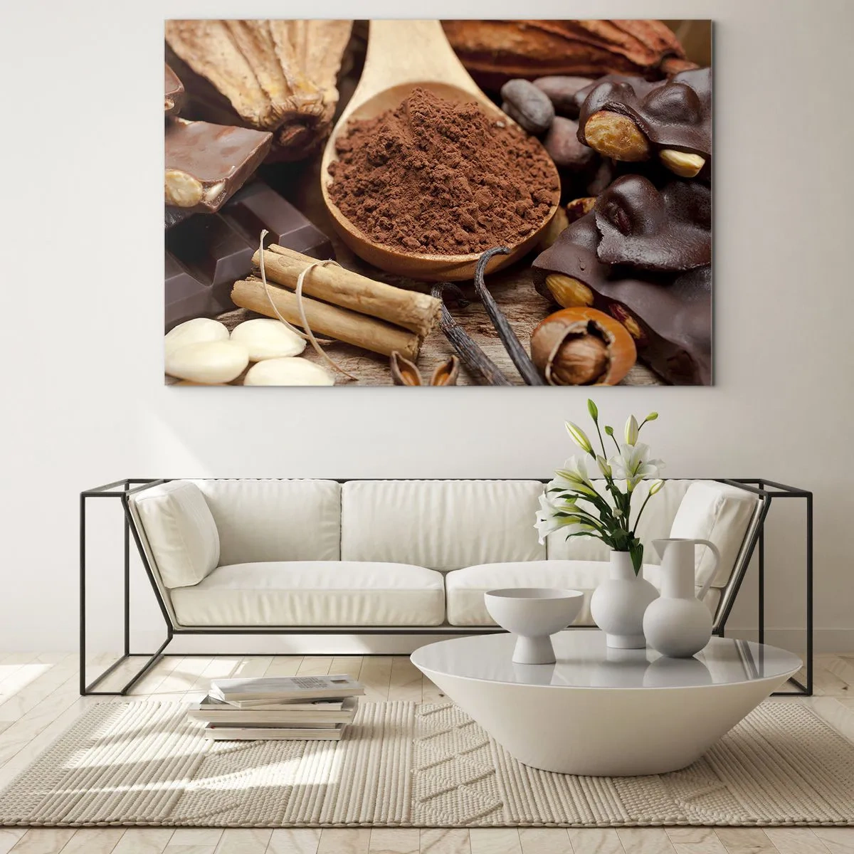 Glass picture - A spoonful of cocoa surrounded by chocolate, spices and nuts - 70x50cm - Best for Stress - Modern wall decoration for the living room and bedroom ARTTOR