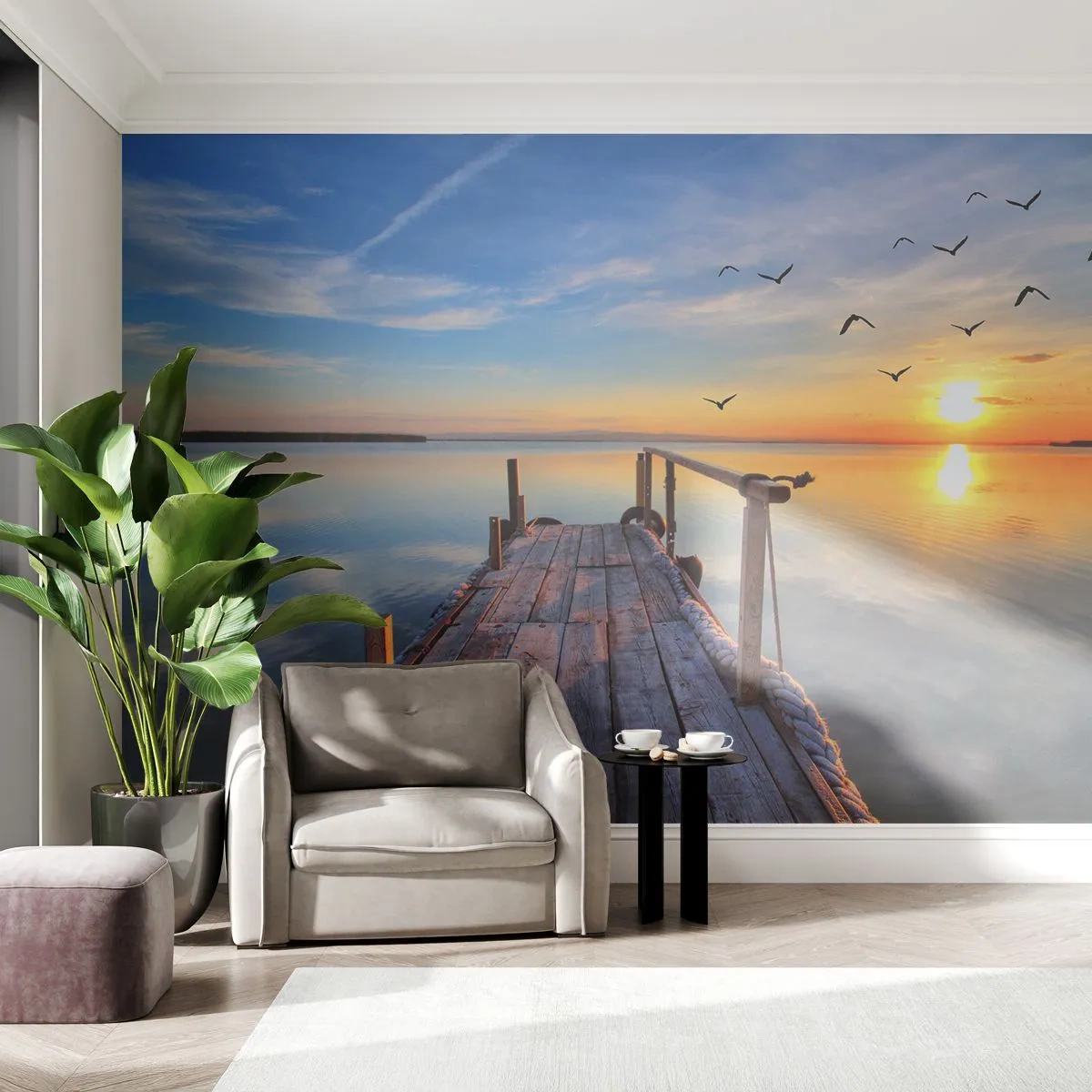 Self-Adhesive Photo Wallpaper Deluxe Sticker - Walk towards the Sun - Landscape, Lake, Wooden Bridge - 250x175 cm