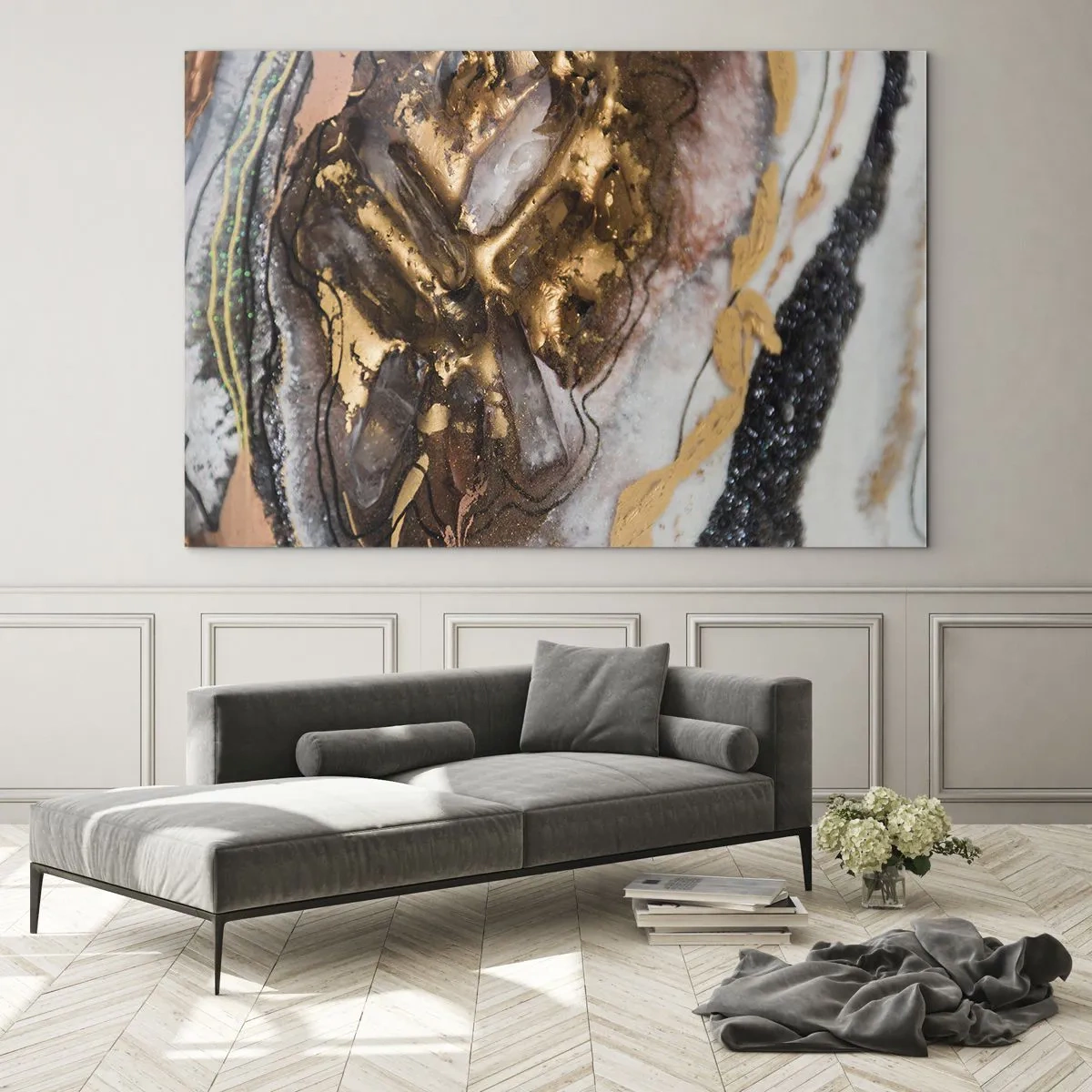 Glass picture - An abstract painting in shades of gold, brown, and white with a mineral-like texture. - 70x50cm - Element of the Earth - Modern wall decoration for the living room and bedroom ARTTOR