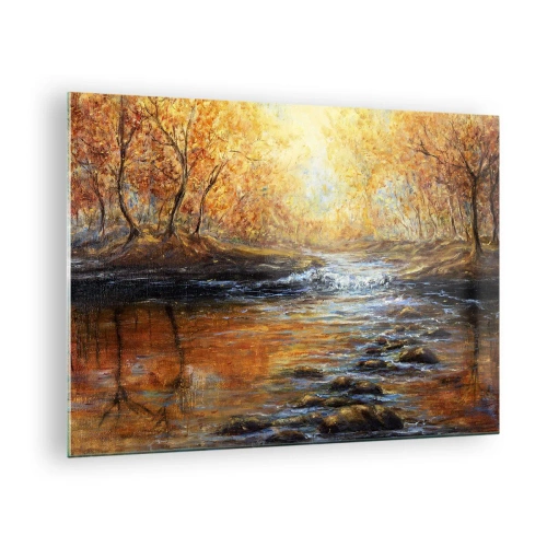 Glass picture - A golden stream in the forest surrounded by autumn trees - 70x50cm - Golden Brook - Modern wall decoration for the living room and bedroom ARTTOR