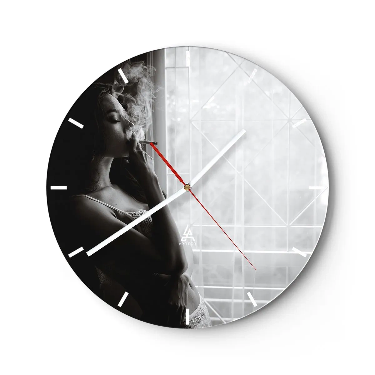 Wall clock - Clock on glass - A woman smoking a cigarette by the window in black and white - 30x30cm - Sensual Moment - Modern wall decoration for the living room, kitchen, and bedroom ARTTOR